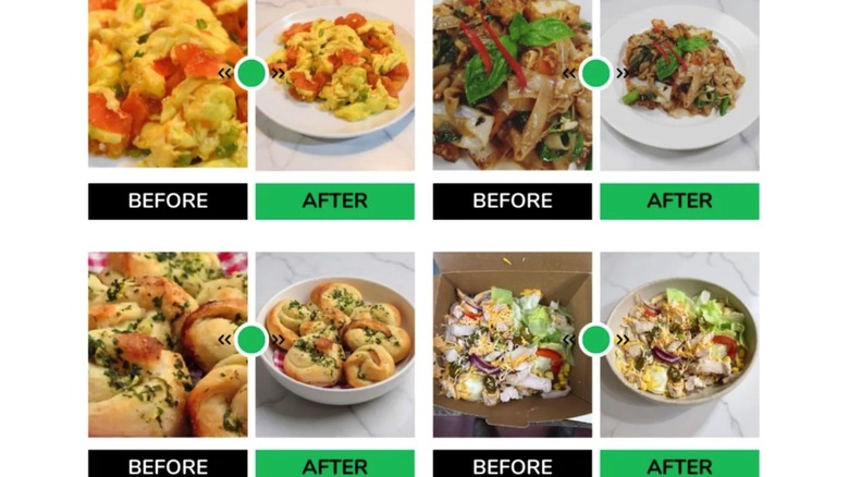 Antes y después de ejemplos de Uber mejorado con AI come fotos de comida.