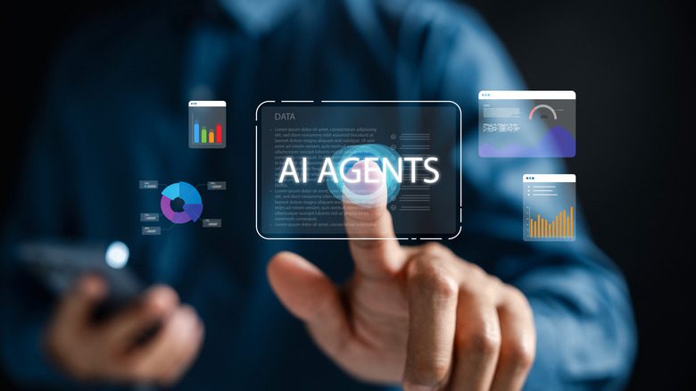 A futuristic image of a man tapping a floating AI Agents widget.