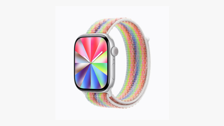 An Apple Watch with the new Pride Edition Sport Loop and watch face