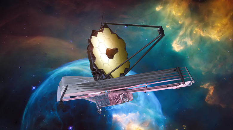 A collage of the James Webb Telescope with a planet behind it