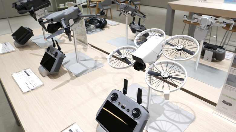 Remote control drones displayed on retail store shelves