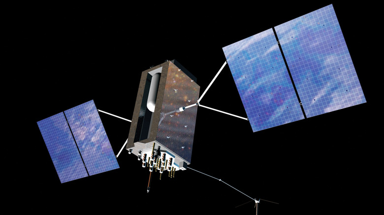 An artists' rendering of a GPS III satellite orbits in space.