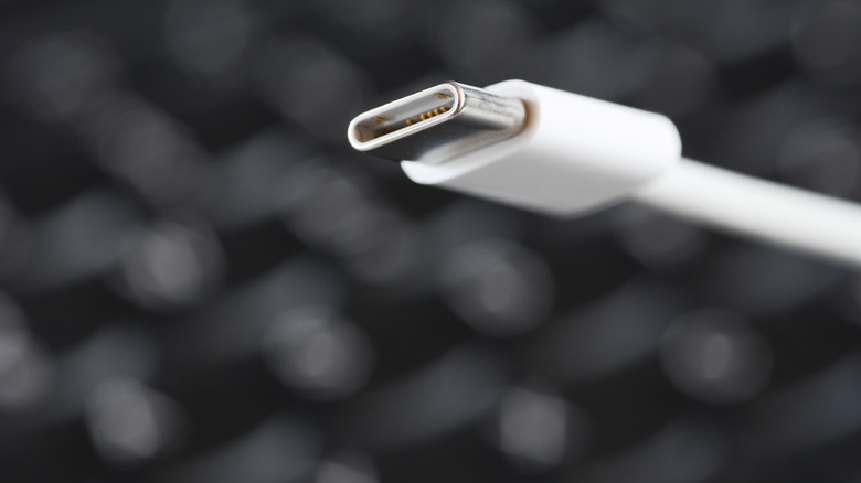 Close up of a USB-C connector on the end of a cable.