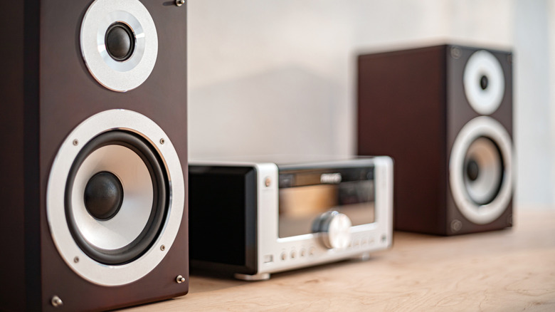 Two modern bookshelf speakers flank a sleek radio receiver, all set against a minimalist backdrop. The warm wooden surface adds a touch of coziness to the room's decor.