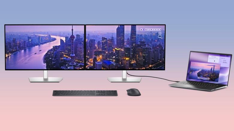 Two monitors connected to a Dell laptop using a USB-C cable