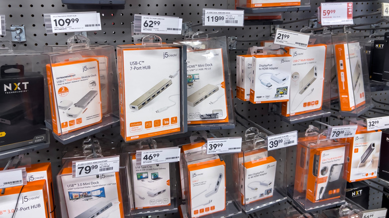 USB hubs and docking stations on sale in a store