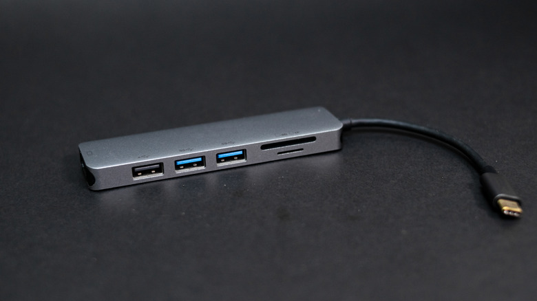 A USB hub on a grey surface