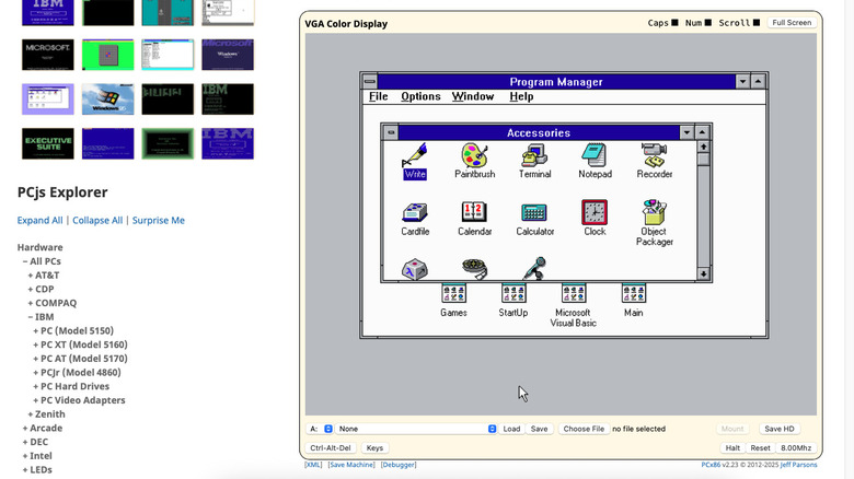 The Accessories tab opened on top of Program Manager in a Windows 3.10 emulation.