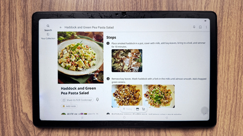 Old tablet showing the recipe for Haddock and Green Pea Pasta Salad