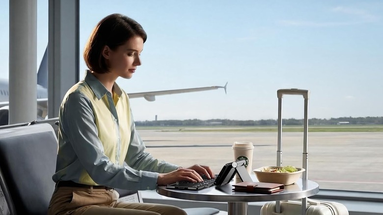A woman sitting in front of a window at an airport trying on a portable keyboard