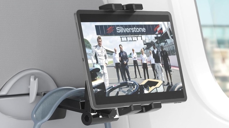 iPad mount attached into a plane seat