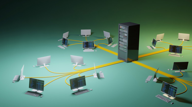 A 3D rendering of a network infrastructure with multiple devices.