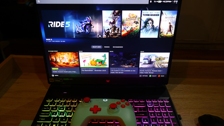 A gaming laptop showing the Steam interface