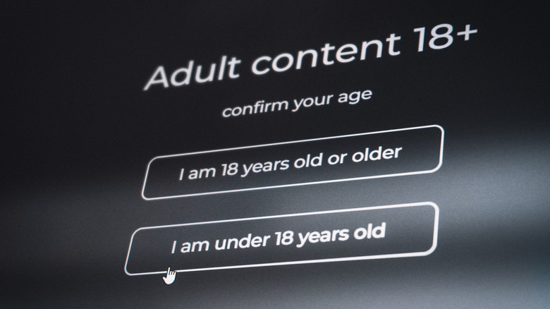 A black screen displays an age verification notice, prompting users to select whether they are 18 years old or older to access "adult content"