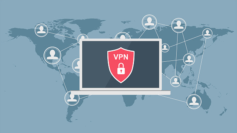 A computer with a red VPN symbol is projected against a background showcasing IP addresses across different locations on a map