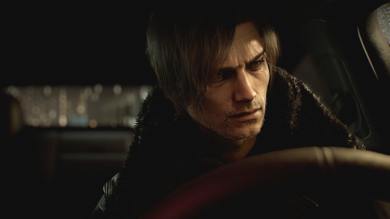 Leon Kennedy behind the wheel of a car in Resident Evil Requiem