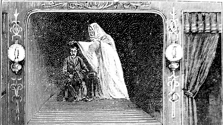 Illustration of a ghost an man on stage from the 19th century