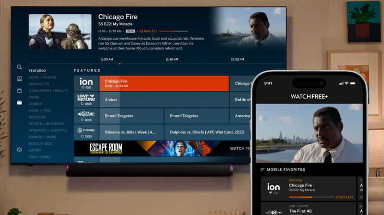 Vizio's WatchFree+ service displayed on a smart TV and a smartphone.