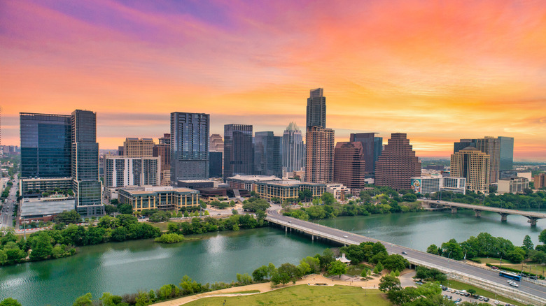 An aerial view of Austin, Texas at sunset taken by an aerial drone