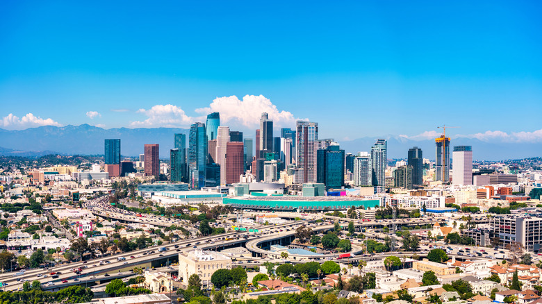 The Los Angeles skyline in daytime taken from the air