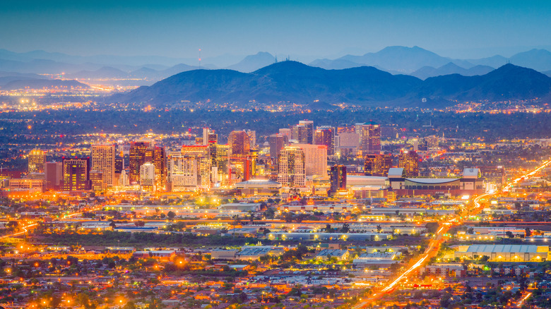 An aerial view of Phoenix, Arizona's skyline at dusk