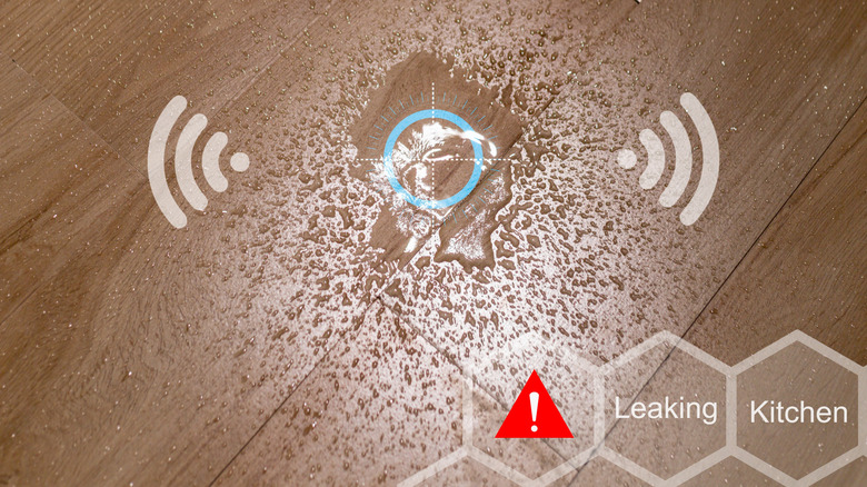 A visual depiction of a sensor detecting a water leak in the kitchen