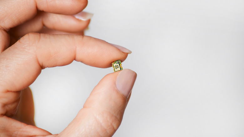 Small microchip being held between two fingers.