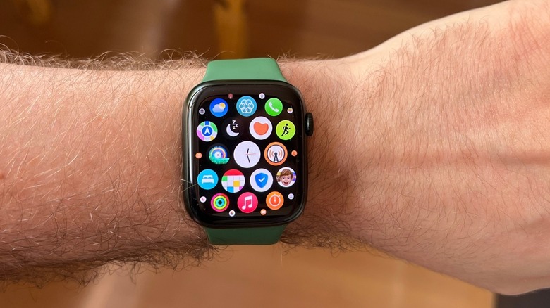 Apple Watch Series 7 displaying the Home View with several apps