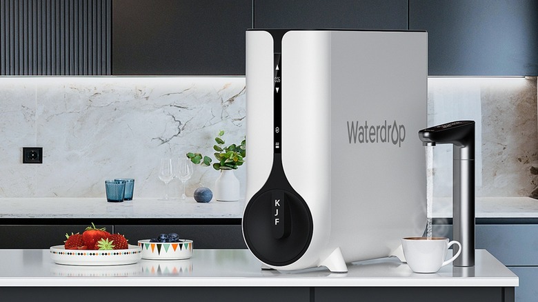 Waterdrop K6 Instant Hot Water under-sink RO system on a counter next to fruit and a faucet