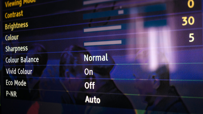 Various display settings on a TV screen, including Eco Mode set to Off