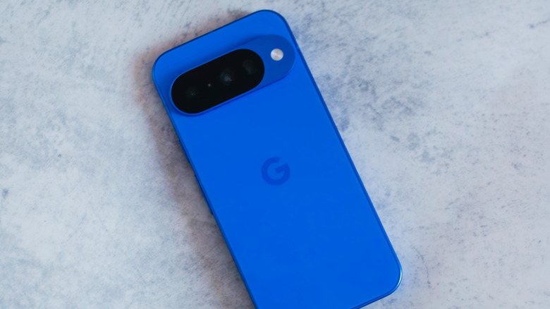 close-up on Google Pixel phone back as it rests on a counter