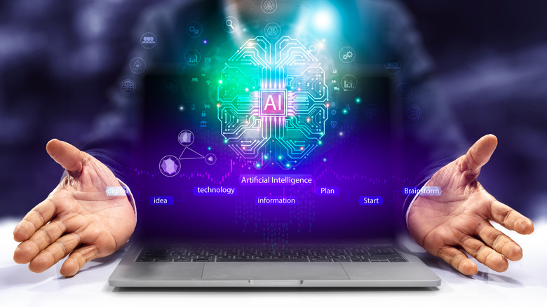 Ai brain concept hovering over a laptop, man with hands outstretched in background