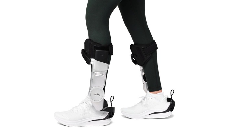 A person wearing the Dephy Sidekick robotic exoskeleton, on a white background.