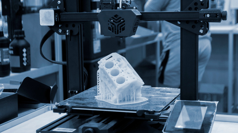 3D printed object with a brim visible for support on the bed.