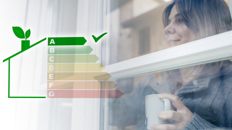 Woman looking out the window of house with green energy graphic showing energy-efficiency