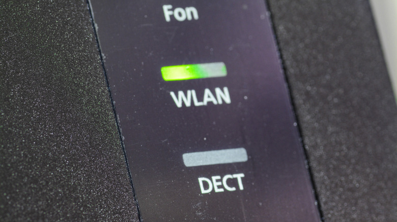 Zoomed-in view showing LEDs with labels titled WLAN, Fon, and DECT on a Wi-Fi router