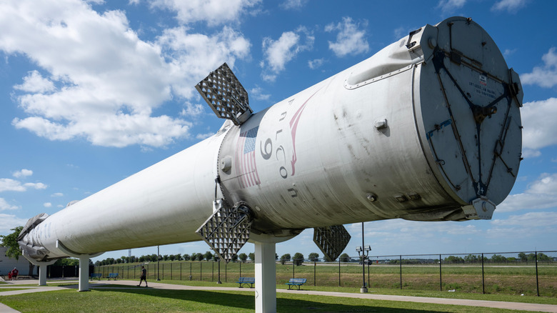 the first stage of the Falcon 9 rocket on display at NASA's Johnson Space Center