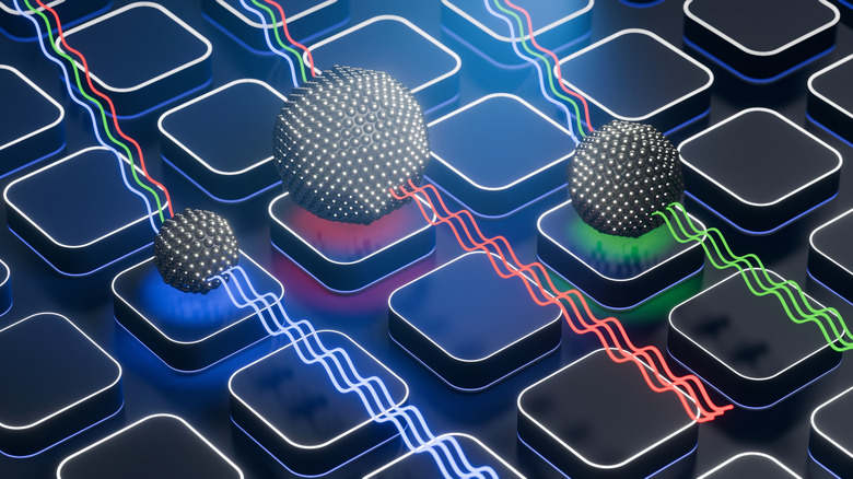 3D render of quantum dots showing color emissions