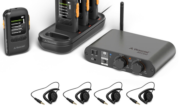 The VenuCast AuraPlex Pro-View 4 with receivers and headsets on a white background.