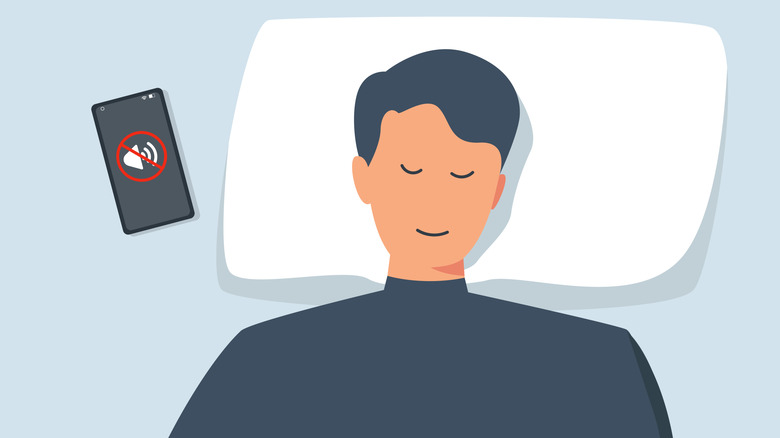 cartoon person sleeping next to their smartphone with the muted notifications and alerts symbol