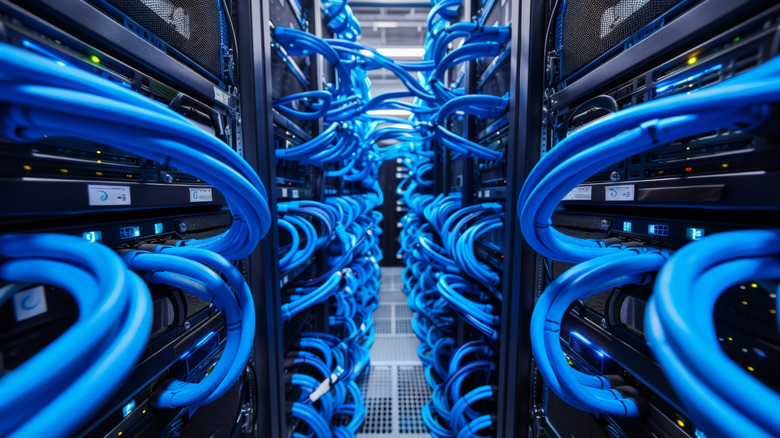 Blue ethernet cables connected to servers