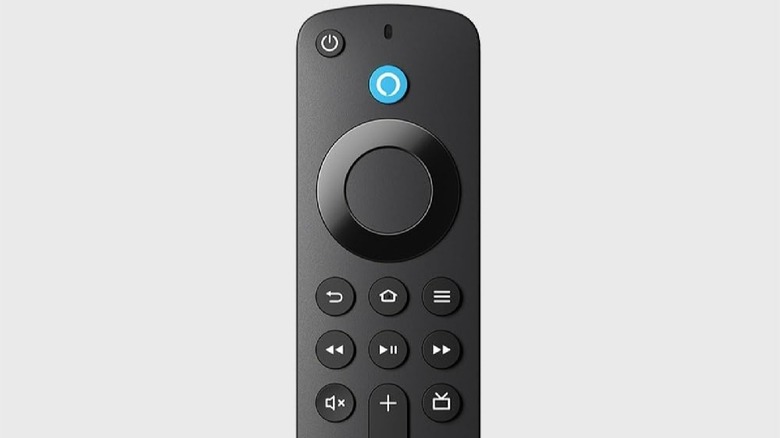 Close-up of an Amazon Fire TV Stick Remote on a gray background
