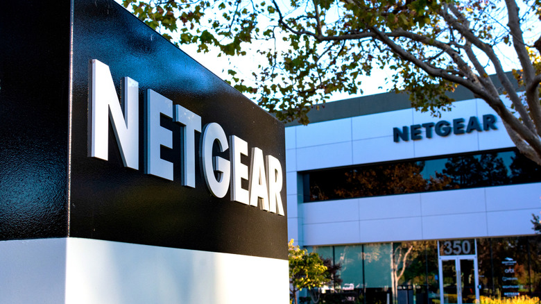 Netgear headquarters in California with the main sign and company building in view.