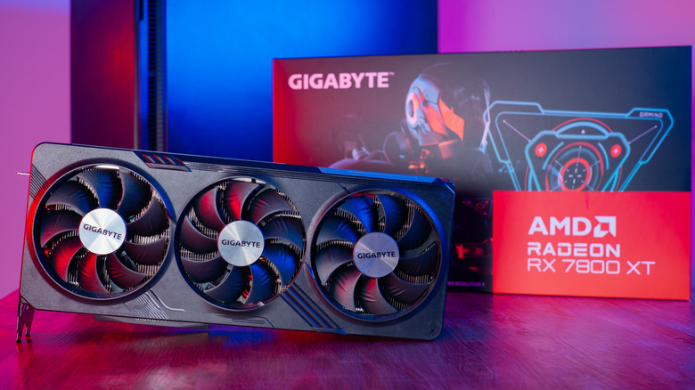 AMD RX 7800 XT promo image with it's box with RGB lighting