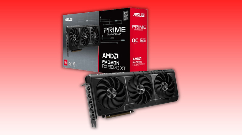 ASUS Radeon RX 9070 XT Prime OC 16GB GDDR6 Graphics Card on a red to white gradient background