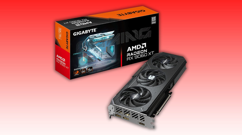 Gigabyte Radeon RX 9060 XT GAMING OC 16G Graphics Card on a red to white gradient background
