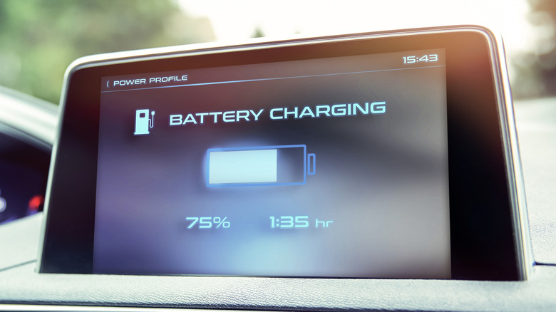 Car dashboard display showing battery charging at 75% with remaining time indicator.