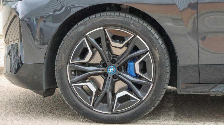 Close-up of a BMW wheel with tire and blue brake caliper.