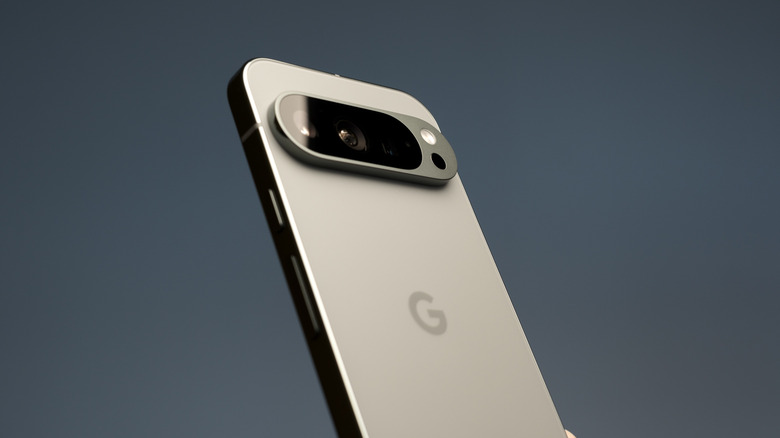 google pixel phone with back side view on a navy blue background