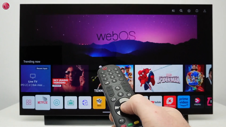 Hand holding 2024 LG TV Magic Remote pointing at TV